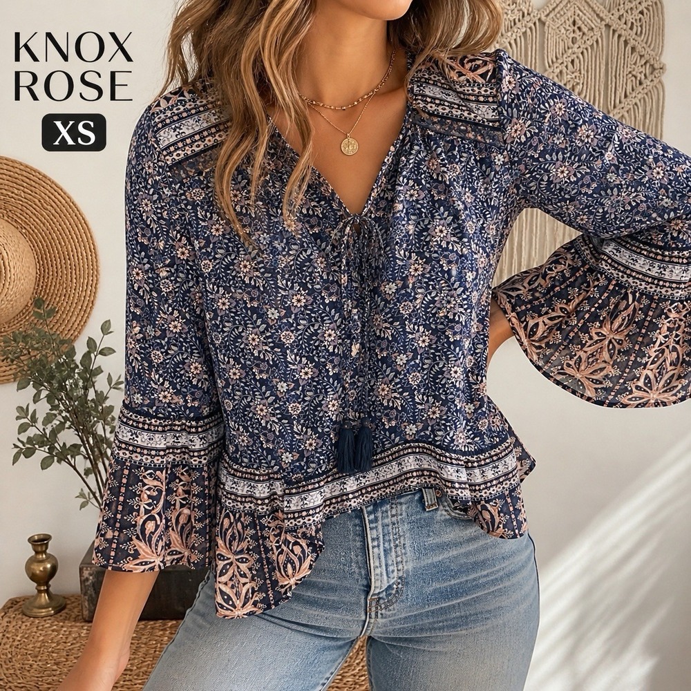 Knox Rose Boho‎ Floral Peplum Top XS Cottagecore Festival Blouse Tassel Tie